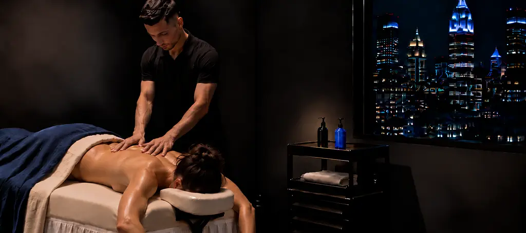 Licensed massage therapist in Manhattan applying targeted lower trapezius and mid-back treatment to a client at Elite Healers Sports Massage, trusted by NYC marathoners, strength athletes, and Midtown executives, located at 120 East 56th Street, Suite 420, New York, NY 10022.